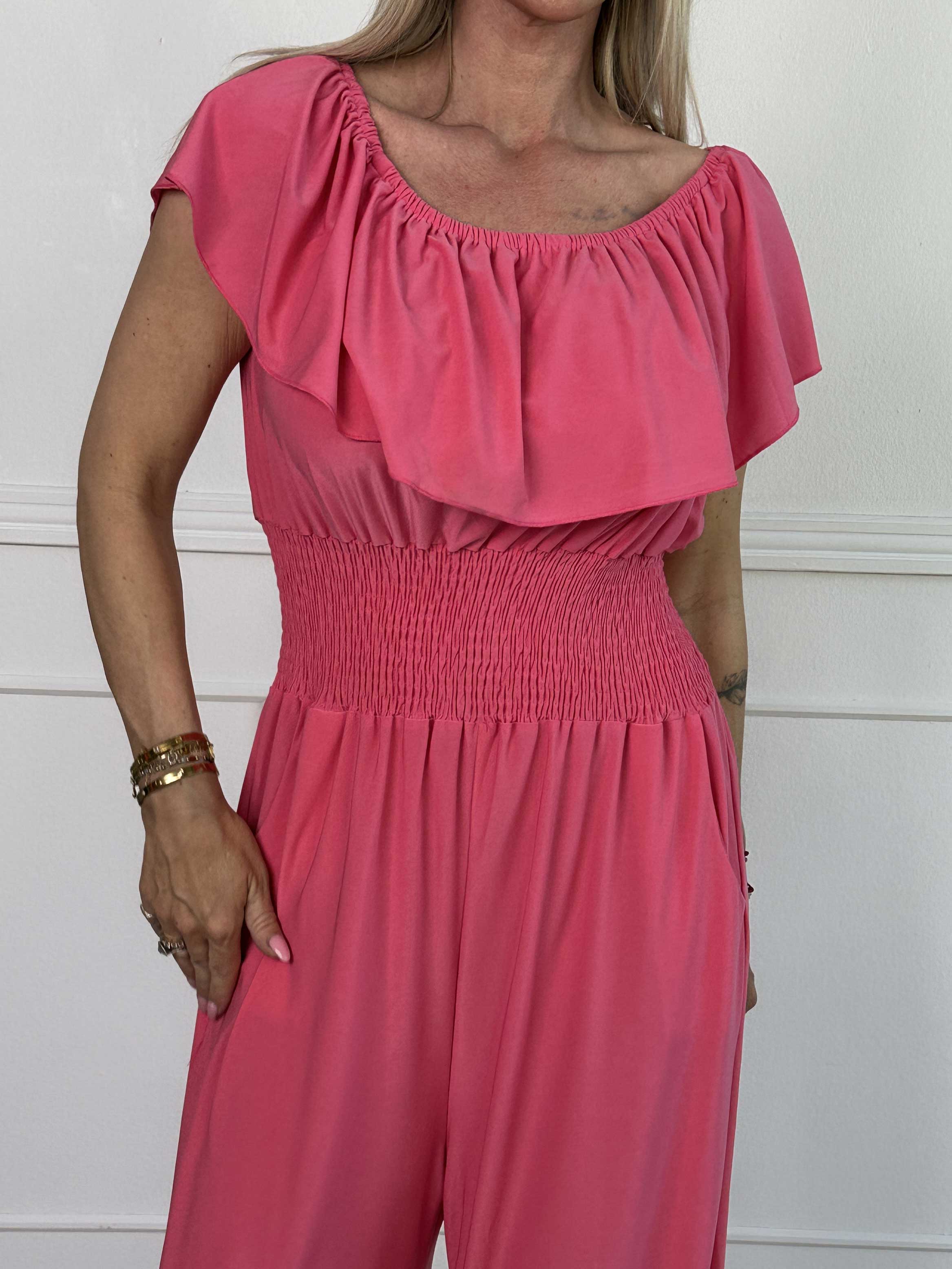 Pams Plain Frill Jumpsuit - Elastisk buksedragt med smock og flæse